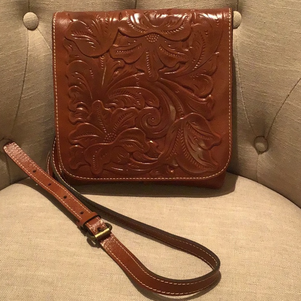 Cognac tooled leather crossbody NWOT